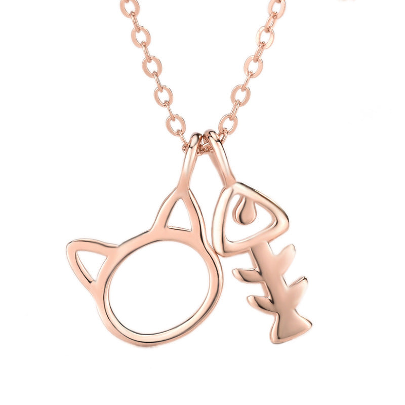 Rose Gold Plated Animal Kids Jewelry 925 Sterling Silver Cute Cat And Fish Bone Necklace
