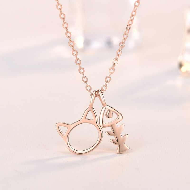 Rose Gold Plated Animal Kids Jewelry 925 Sterling Silver Cute Cat And Fish Bone Necklace