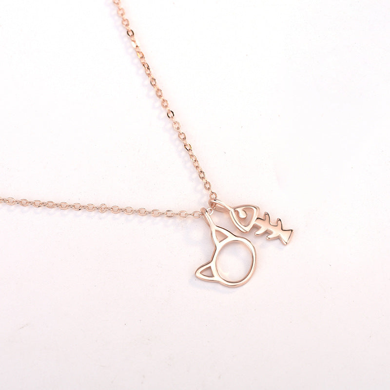 Rose Gold Plated Animal Kids Jewelry 925 Sterling Silver Cute Cat And Fish Bone Necklace