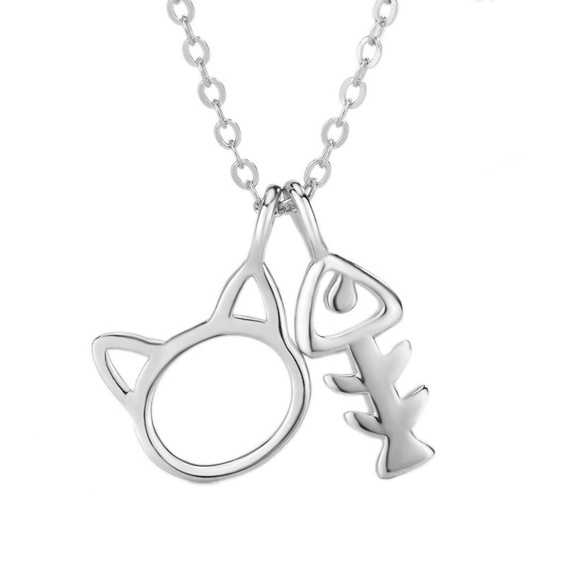 Rose Gold Plated Animal Kids Jewelry 925 Sterling Silver Cute Cat And Fish Bone Necklace