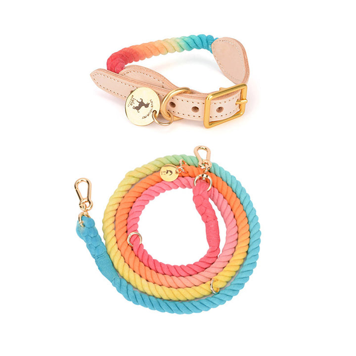 Multifunctional Rainbow Gradient Color Dog Traction Rope Collar Cotton Dog Walking Rope Hand-Woven Rope